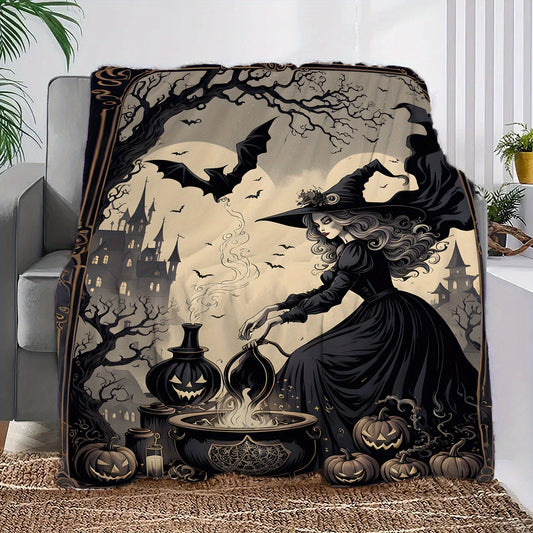 Get cozy with this Halloween Witch Brew Flannel Fleece Throw Blanket. Made with durable knitted and tear-resistant polyester, this mixed-color blanket is perfect for all seasons. Featuring a fun space-themed design, it is versatile for outdoor use, beach