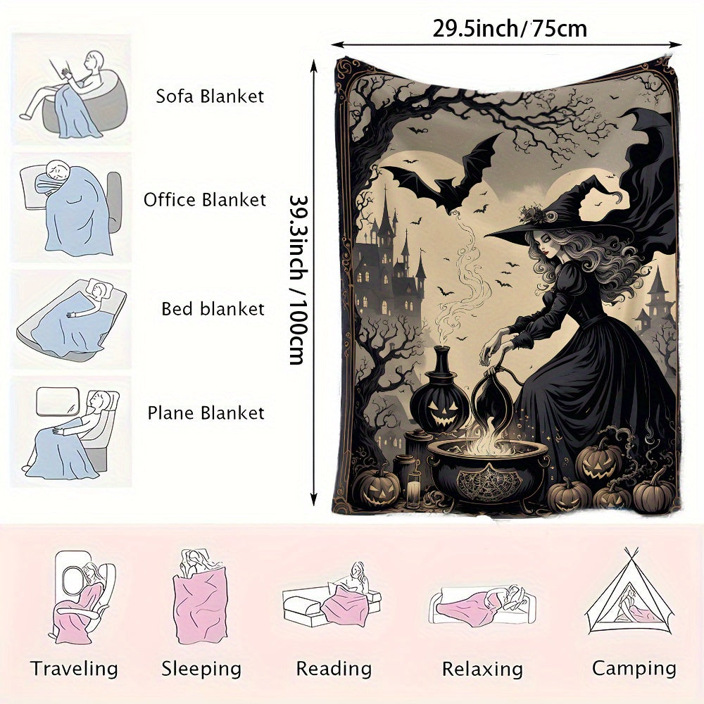 Get cozy with this Halloween Witch Brew Flannel Fleece Throw Blanket. Made with durable knitted and tear-resistant polyester, this mixed-color blanket is perfect for all seasons. Featuring a fun space-themed design, it is versatile for outdoor use, beach