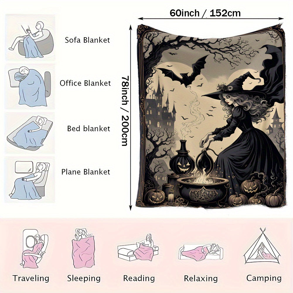 Get cozy with this Halloween Witch Brew Flannel Fleece Throw Blanket. Made with durable knitted and tear-resistant polyester, this mixed-color blanket is perfect for all seasons. Featuring a fun space-themed design, it is versatile for outdoor use, beach