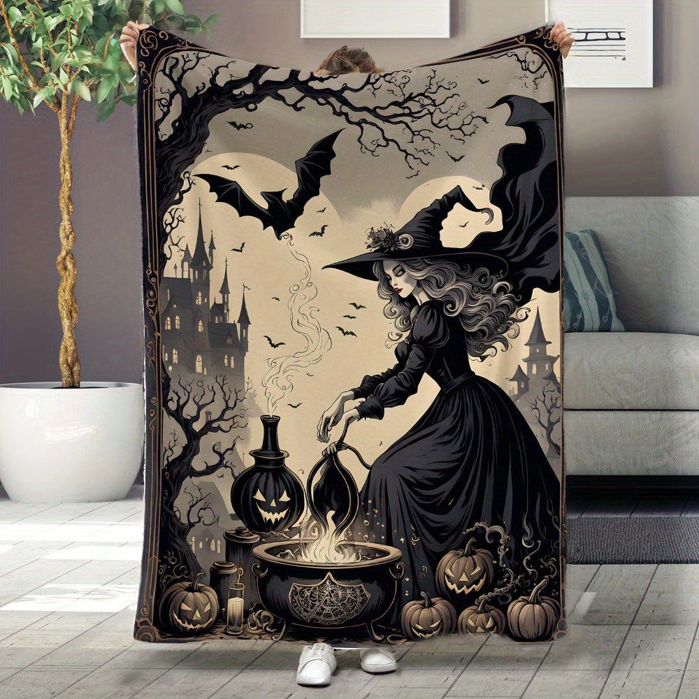 Get cozy with this Halloween Witch Brew Flannel Fleece Throw Blanket. Made with durable knitted and tear-resistant polyester, this mixed-color blanket is perfect for all seasons. Featuring a fun space-themed design, it is versatile for outdoor use, beach