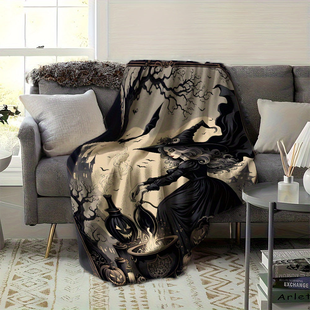 Get cozy with this Halloween Witch Brew Flannel Fleece Throw Blanket. Made with durable knitted and tear-resistant polyester, this mixed-color blanket is perfect for all seasons. Featuring a fun space-themed design, it is versatile for outdoor use, beach