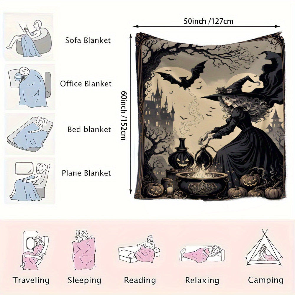 Get cozy with this Halloween Witch Brew Flannel Fleece Throw Blanket. Made with durable knitted and tear-resistant polyester, this mixed-color blanket is perfect for all seasons. Featuring a fun space-themed design, it is versatile for outdoor use, beach