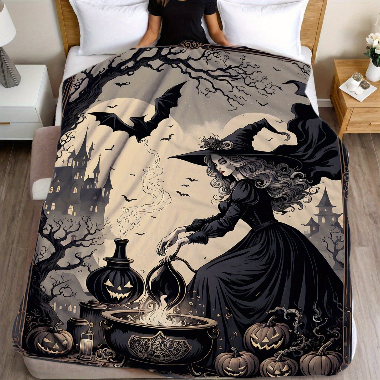 Get cozy with this Halloween Witch Brew Flannel Fleece Throw Blanket. Made with durable knitted and tear-resistant polyester, this mixed-color blanket is perfect for all seasons. Featuring a fun space-themed design, it is versatile for outdoor use, beach