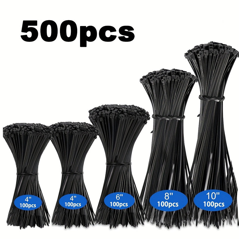 500 Heavy-Duty Black Nylon Cable Ties in Various Sizes with High Stretch Strength, Ideal for Outdoor & Gardening Use. Easy to Use for Home, Office, and Industrial Cable Management.