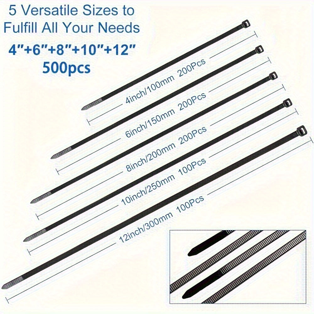 500 Heavy-Duty Black Nylon Cable Ties in Various Sizes with High Stretch Strength, Ideal for Outdoor & Gardening Use. Easy to Use for Home, Office, and Industrial Cable Management.