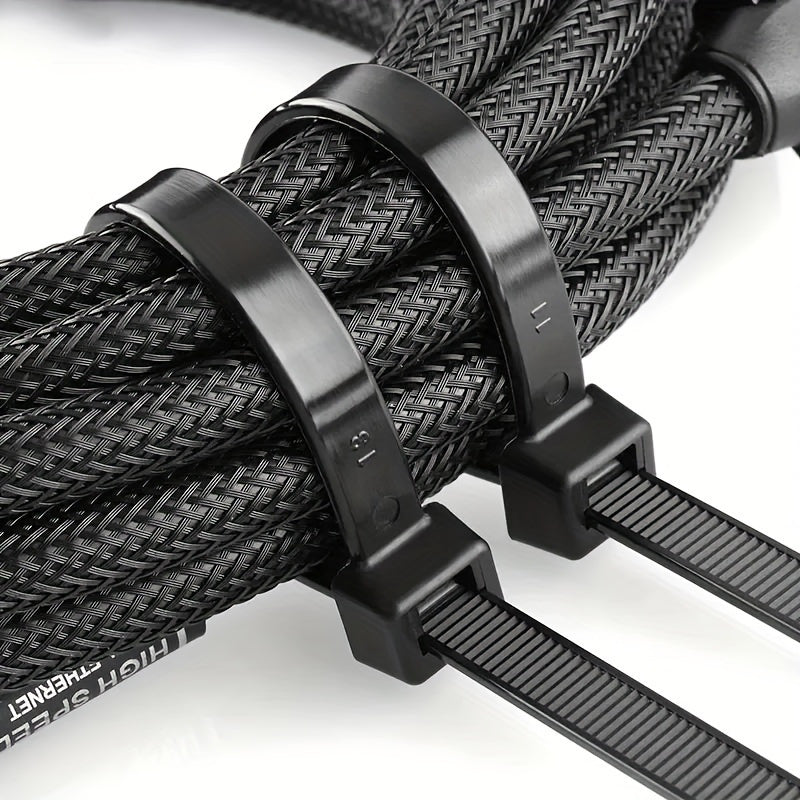 500 Heavy-Duty Black Nylon Cable Ties in Various Sizes with High Stretch Strength, Ideal for Outdoor & Gardening Use. Easy to Use for Home, Office, and Industrial Cable Management.