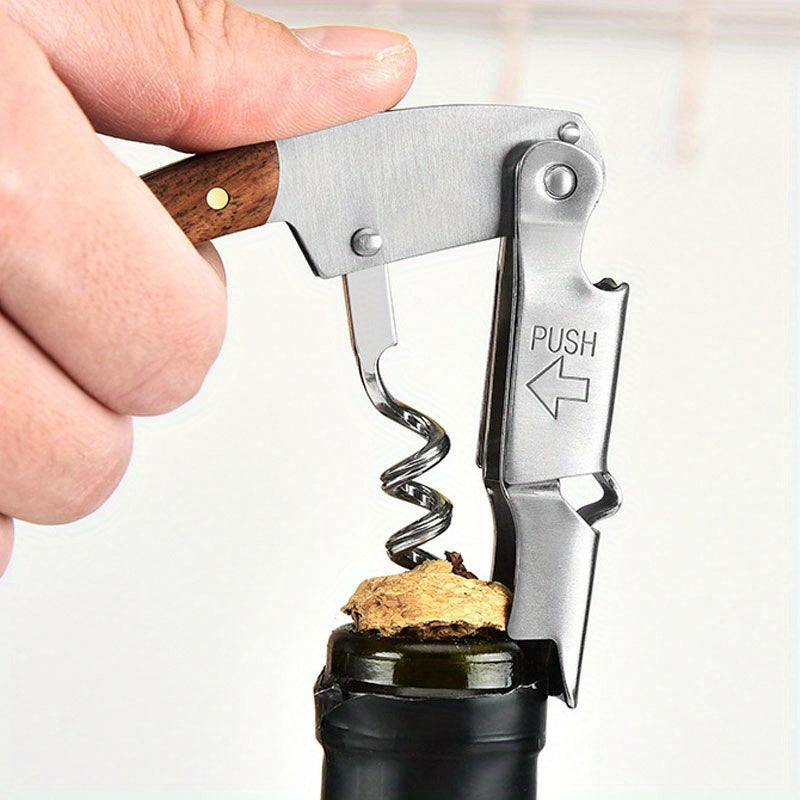 Stainless steel waiter's corkscrew with rosewood handle, multi-function sommelier tool, double-hinge, rust-resistant, includes serrated foil cutter.