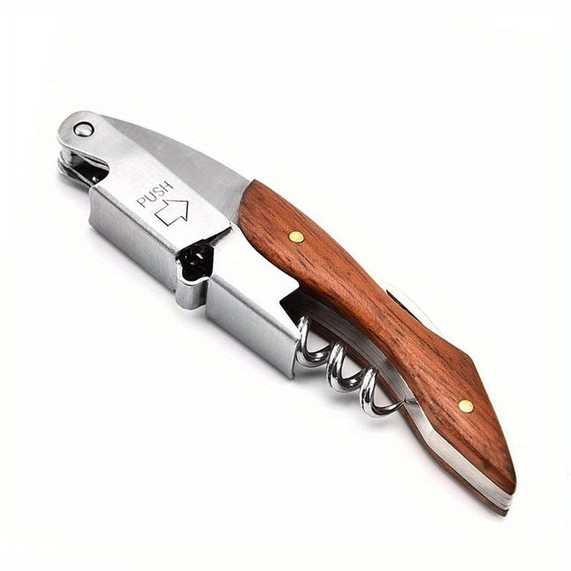 Stainless steel waiter's corkscrew with rosewood handle, multi-function sommelier tool, double-hinge, rust-resistant, includes serrated foil cutter.