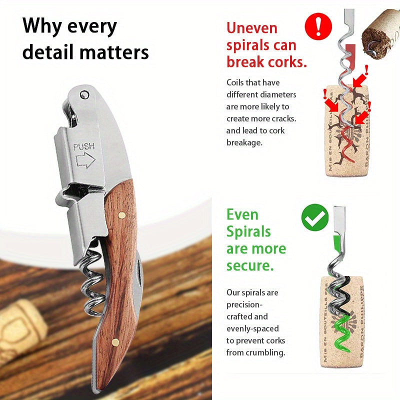 Stainless steel waiter's corkscrew with rosewood handle, multi-function sommelier tool, double-hinge, rust-resistant, includes serrated foil cutter.