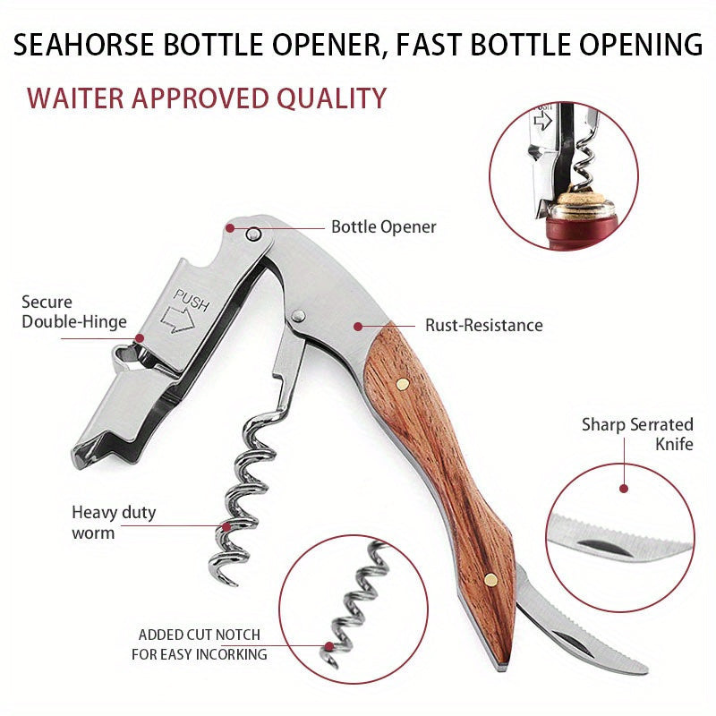 Stainless steel waiter's corkscrew with rosewood handle, multi-function sommelier tool, double-hinge, rust-resistant, includes serrated foil cutter.