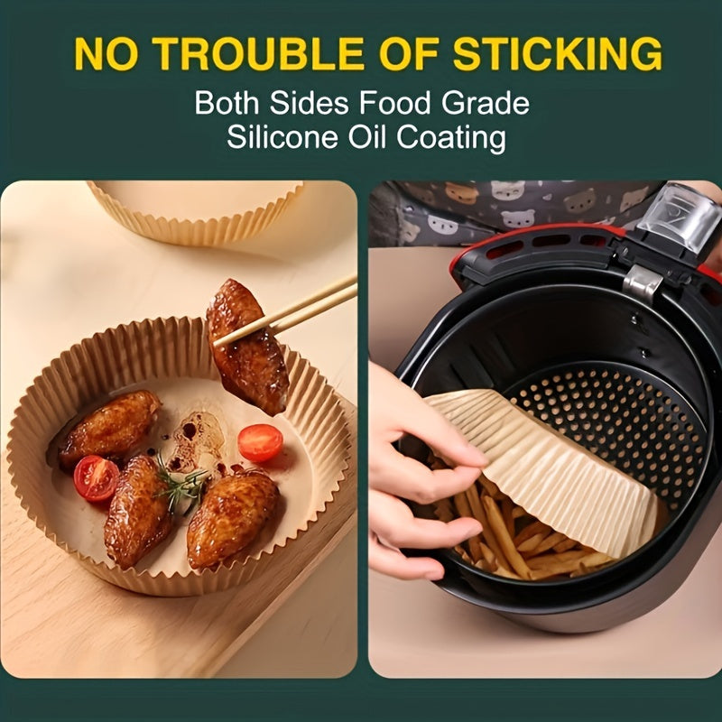 Special double-sided silicone oil high quality disposable liner for an air fryer, non-stick round baking paper perfect for baking, cooking, and microwave oven use. Made from oil-resistant food grade parchment.