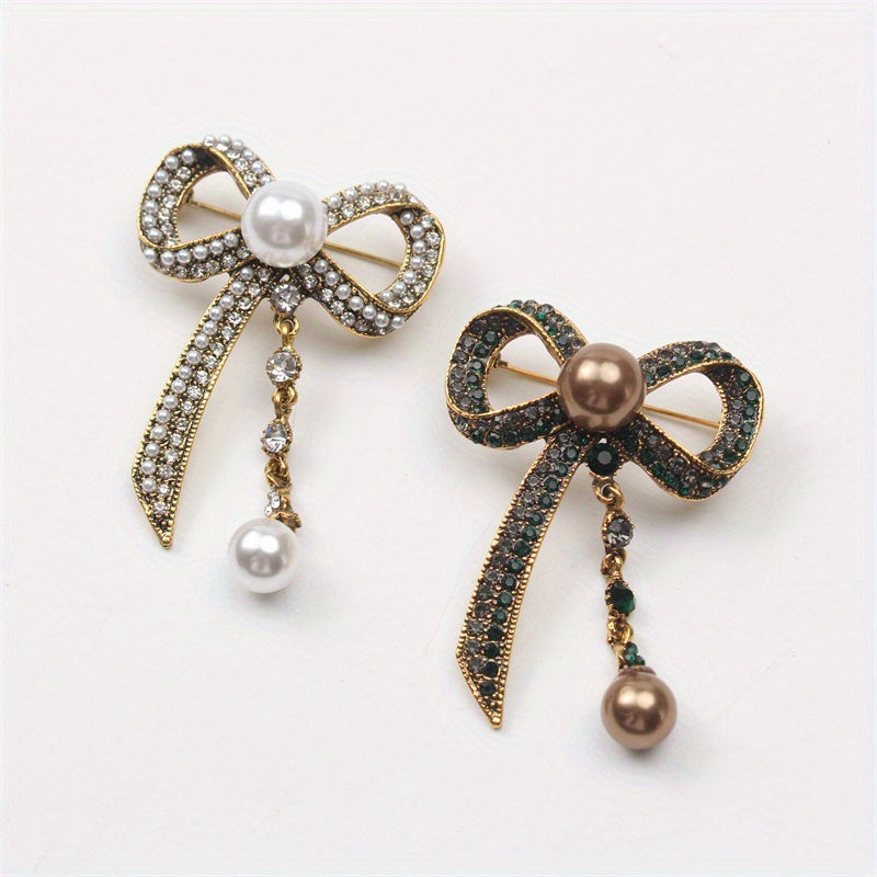 Luxurious Vintage-Inspired Bow Brooch Pin with Rhinestones and Pearl Dangle - Elegant Alloy Bowtie Lapel Pin for Women's Fashion Statement