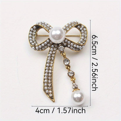 Luxurious Vintage-Inspired Bow Brooch Pin with Rhinestones and Pearl Dangle - Elegant Alloy Bowtie Lapel Pin for Women's Fashion Statement