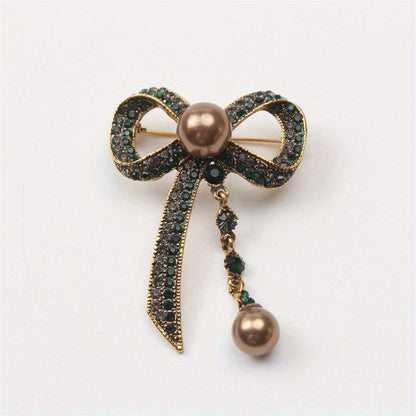 Luxurious Vintage-Inspired Bow Brooch Pin with Rhinestones and Pearl Dangle - Elegant Alloy Bowtie Lapel Pin for Women's Fashion Statement