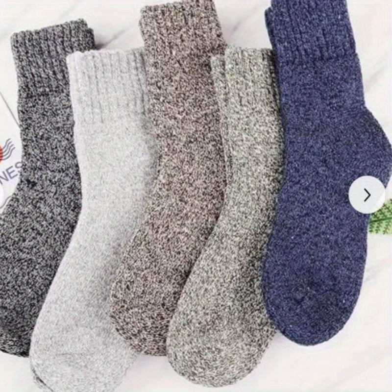 3 or 5 pairs of men's thick warm terry crew socks in solid colors for winter