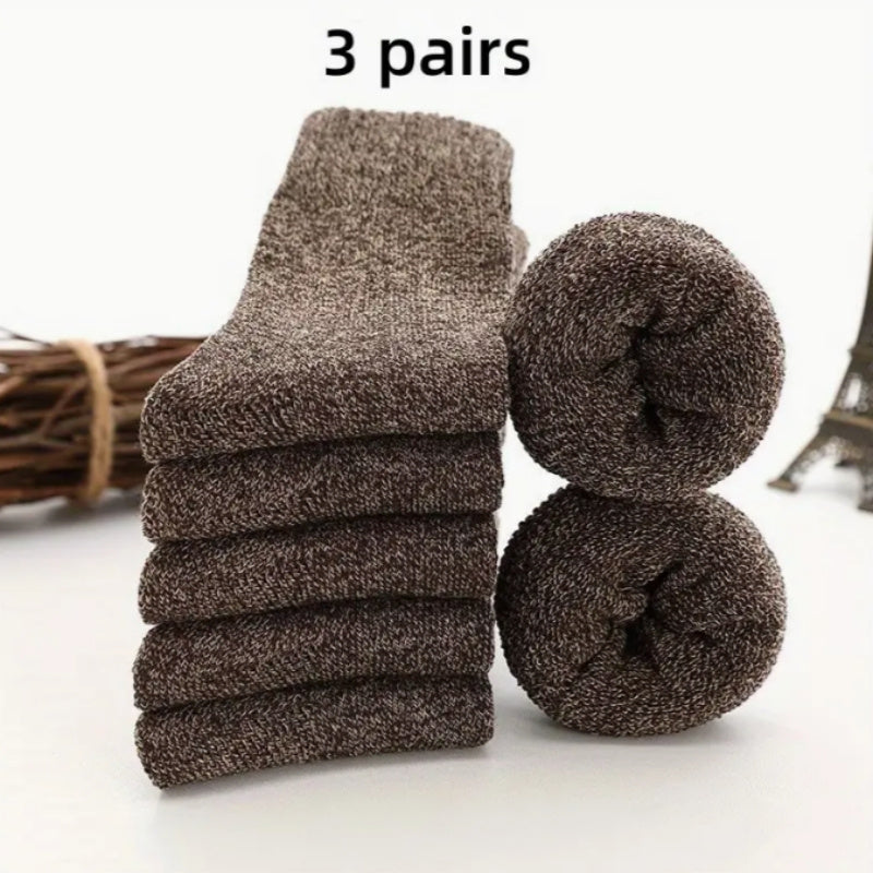 3 or 5 pairs of men's thick warm terry crew socks in solid colors for winter