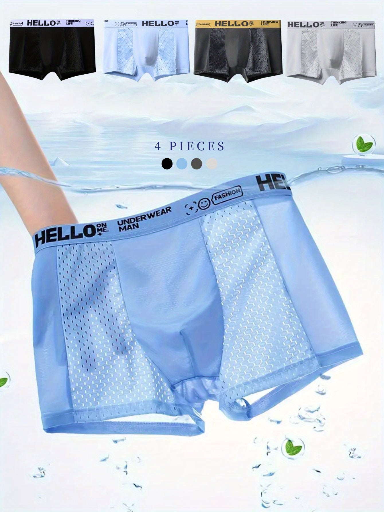 4-Pack HELLO Man Boxer Briefs in Sky Blue, Black, and Deep Gray. Made with 93% Polyester, 7% Spandex, breathable mesh trunks with contrast letter print.