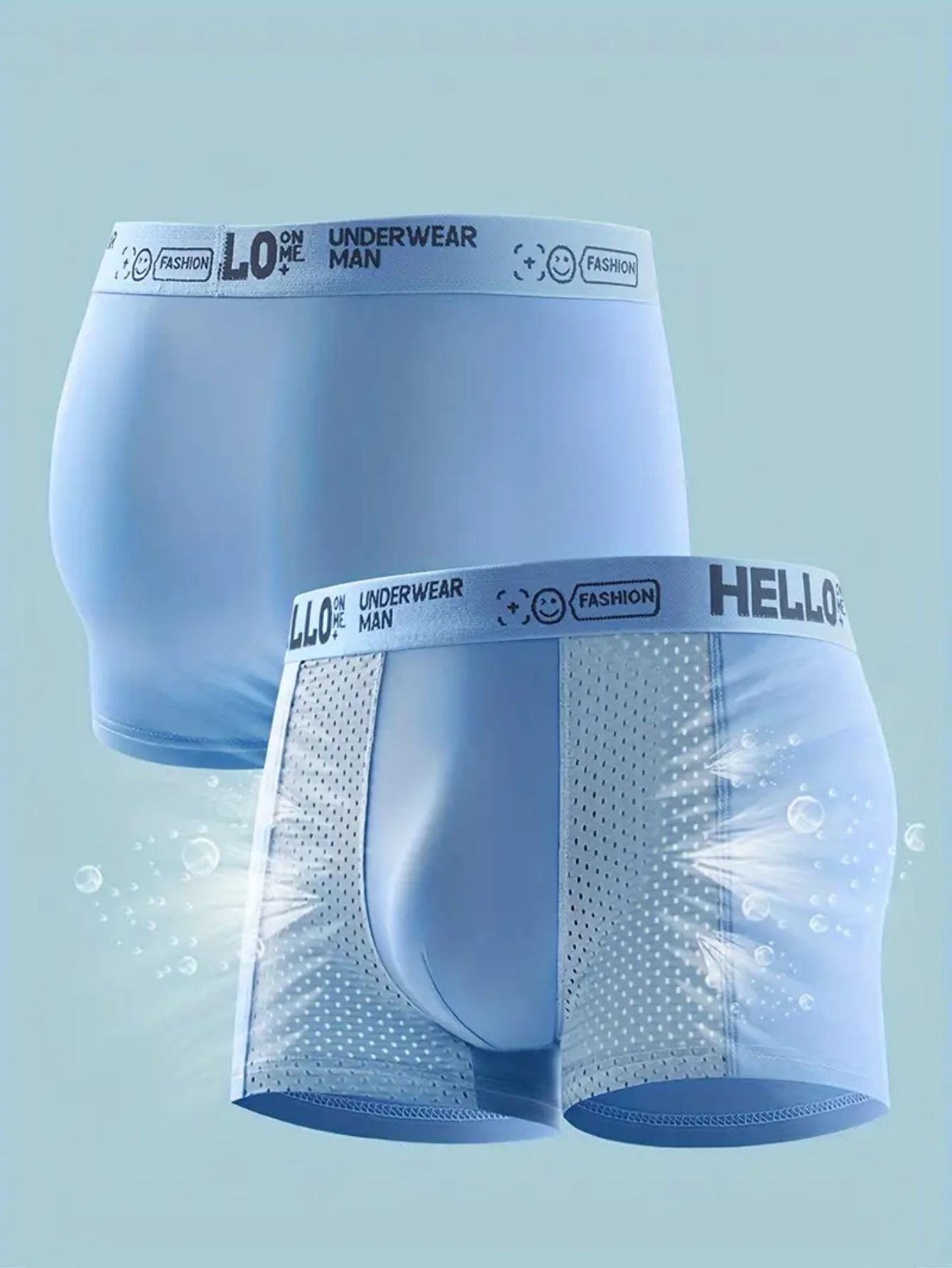 4-Pack HELLO Man Boxer Briefs in Sky Blue, Black, and Deep Gray. Made with 93% Polyester, 7% Spandex, breathable mesh trunks with contrast letter print.