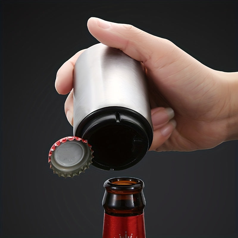 Stainless steel bottle opener: magnetic, no power needed, ideal for kitchen and dining.