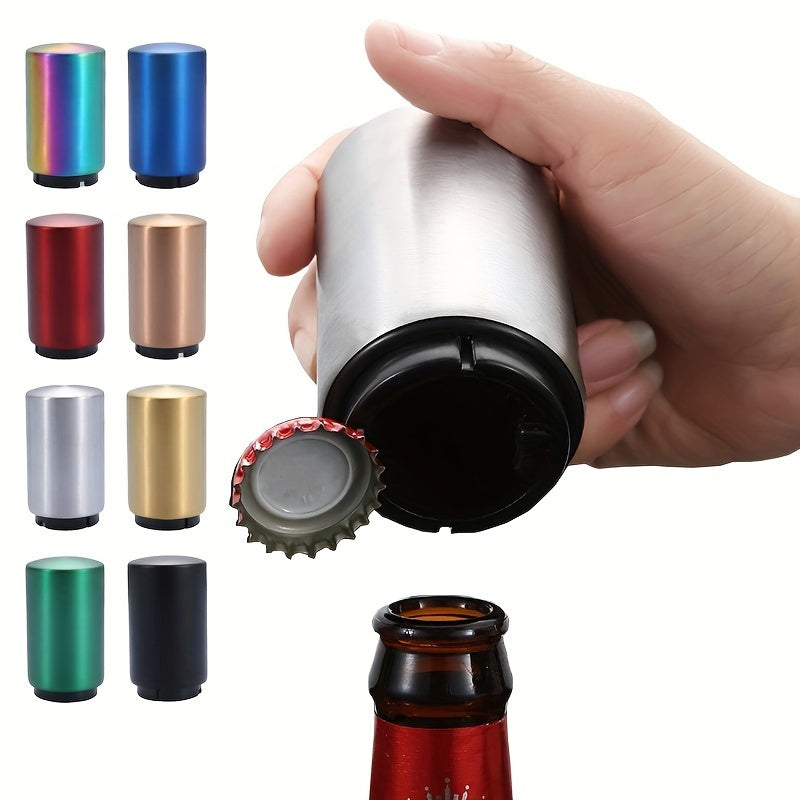 Stainless steel bottle opener: magnetic, no power needed, ideal for kitchen and dining.