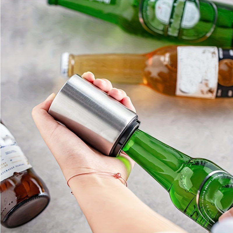 Stainless steel bottle opener: magnetic, no power needed, ideal for kitchen and dining.