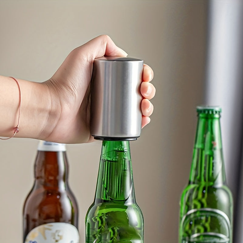 Stainless steel bottle opener: magnetic, no power needed, ideal for kitchen and dining.