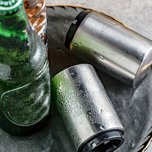 Stainless steel bottle opener: magnetic, no power needed, ideal for kitchen and dining.