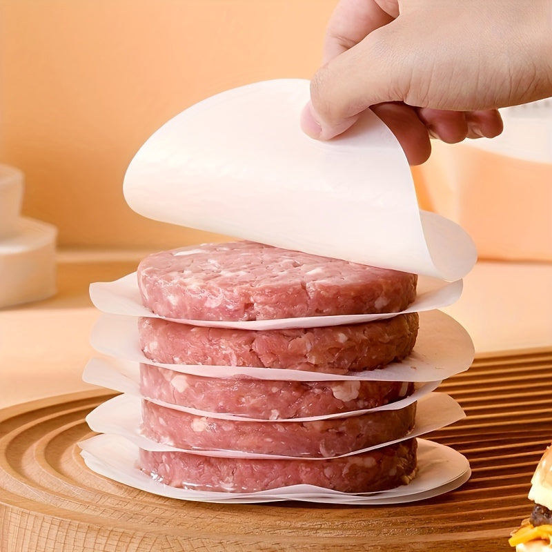 100 pieces of Non-Stick Hamburger Patty Separator Papers made from PPSU Material. These papers are oil absorbing and perfect for use in bakery, barbecue, frozen meat, biscuits, pie cakes, and mousse. The partition paper design allows for easy separation