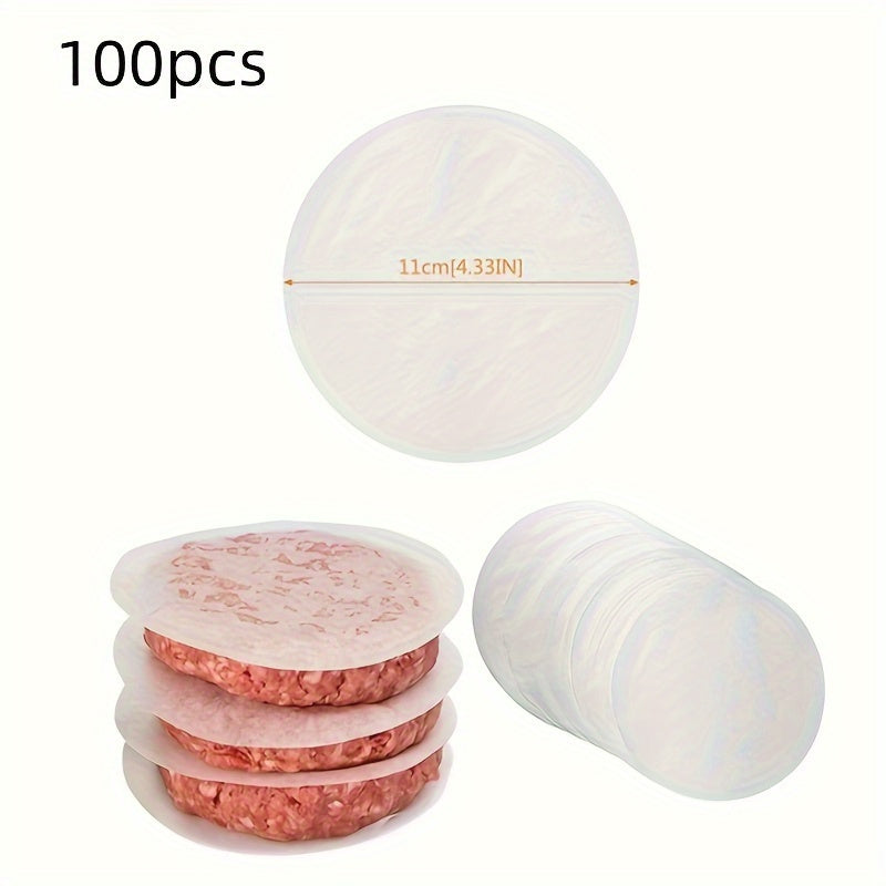 100 pieces of Non-Stick Hamburger Patty Separator Papers made from PPSU Material. These papers are oil absorbing and perfect for use in bakery, barbecue, frozen meat, biscuits, pie cakes, and mousse. The partition paper design allows for easy separation