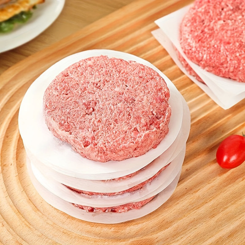 100 pieces of Non-Stick Hamburger Patty Separator Papers made from PPSU Material. These papers are oil absorbing and perfect for use in bakery, barbecue, frozen meat, biscuits, pie cakes, and mousse. The partition paper design allows for easy separation