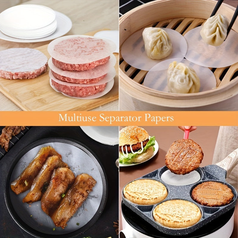 100 pieces of Non-Stick Hamburger Patty Separator Papers made from PPSU Material. These papers are oil absorbing and perfect for use in bakery, barbecue, frozen meat, biscuits, pie cakes, and mousse. The partition paper design allows for easy separation