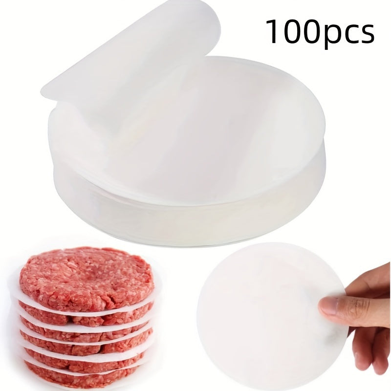 100 pieces of Non-Stick Hamburger Patty Separator Papers made from PPSU Material. These papers are oil absorbing and perfect for use in bakery, barbecue, frozen meat, biscuits, pie cakes, and mousse. The partition paper design allows for easy separation