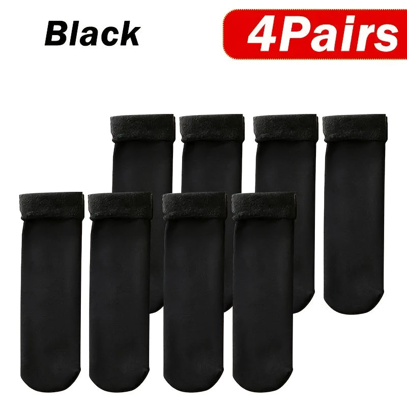 4 pairs of polyester thermal socks with fleece lining in solid black, machine washable, medium tube for cold resistance.