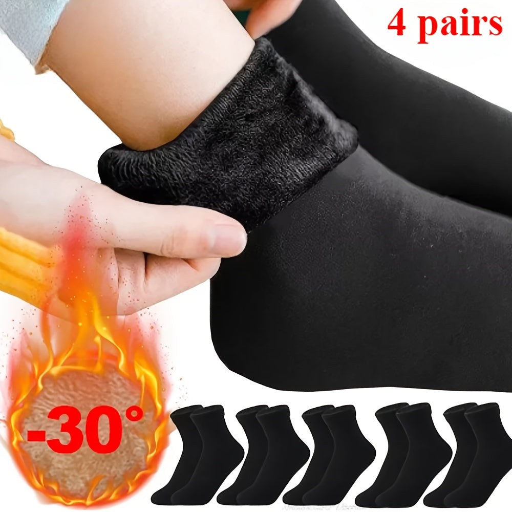 4 pairs of polyester thermal socks with fleece lining in solid black, machine washable, medium tube for cold resistance.