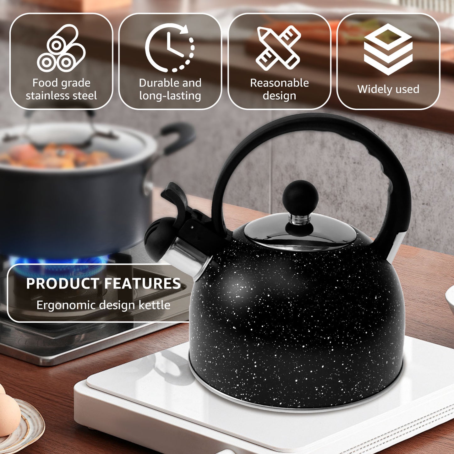 Ergonomic stainless steel whistle kettle for stove top, durable and long-lasting with fast boiling action.