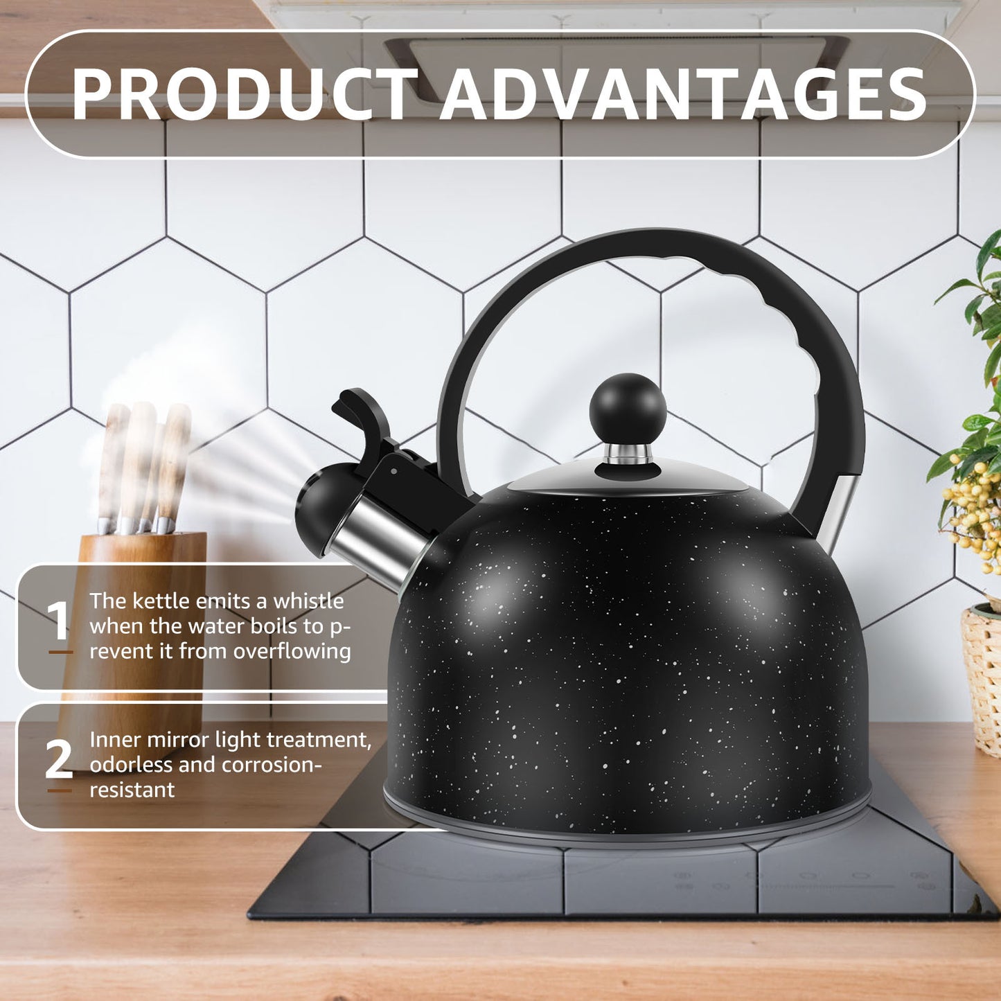 Ergonomic stainless steel whistle kettle for stove top, durable and long-lasting with fast boiling action.