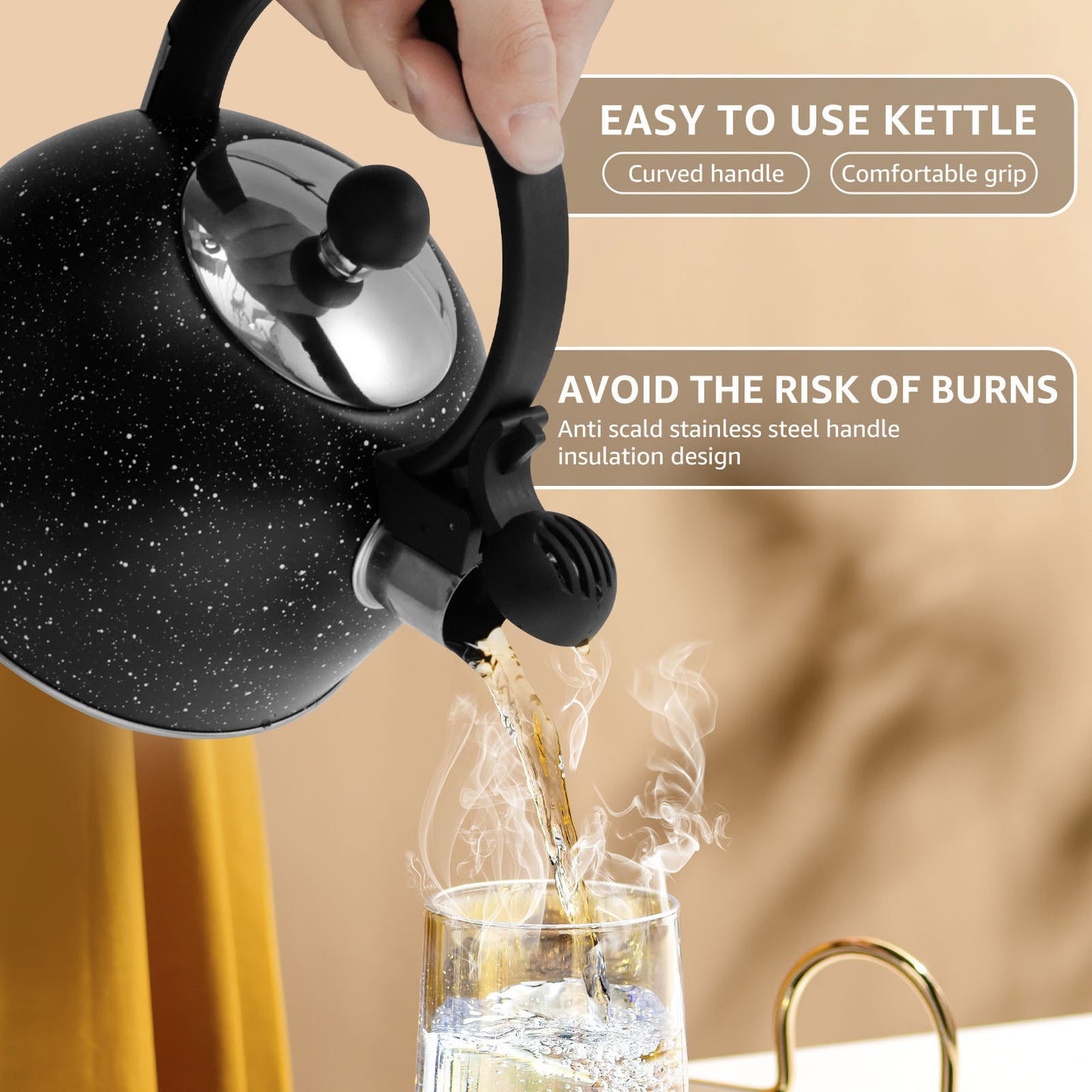 Ergonomic stainless steel whistle kettle for stove top, durable and long-lasting with fast boiling action.