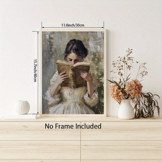 Vintage-style wall art featuring a woman reading a book, printed on textile canvas. This unframed piece adds a touch of light academia aesthetic to your decor, perfect for a reading nook, bedroom, or home library. Victorian-inspired design measures