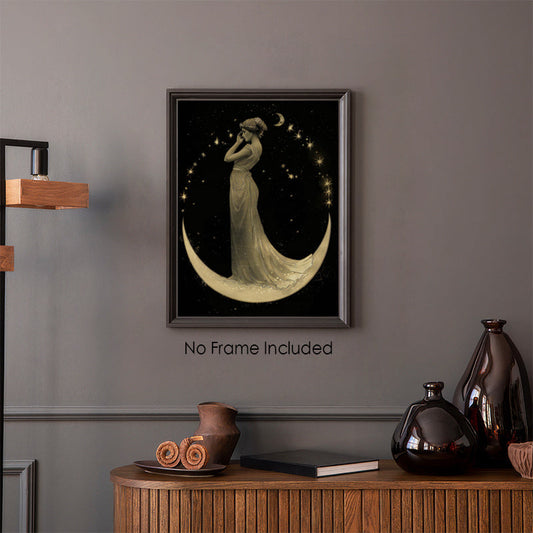 Vintage Art Print of the Moon Goddess - a minimalist poster featuring a silvery lunar lady. Perfect for home decor, this unframed print measures 29.97x39.88 cm.