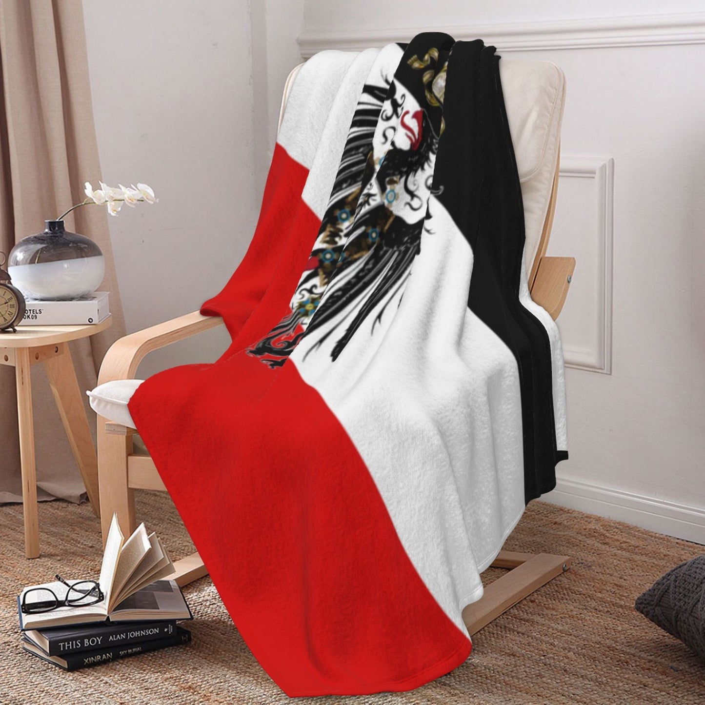 Flag Pattern Flannel Throw Blanket inspired by Anime-Themed German Empire, featuring Glam Style, Soft Comfort, and Creative Theme. Designed for Warmth in All Seasons. Versatile Nap Blanket, Ideal for gifting on Birthdays or to Friends.