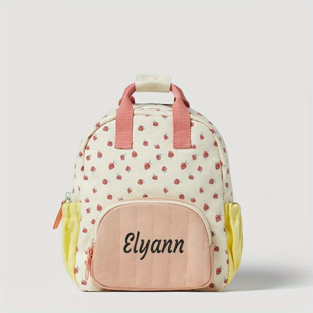 1 personalized backpack with embroidered name, strawberry design, mixed color, zipper closure, polyester lining, hand washable - perfect stroller bag gift.