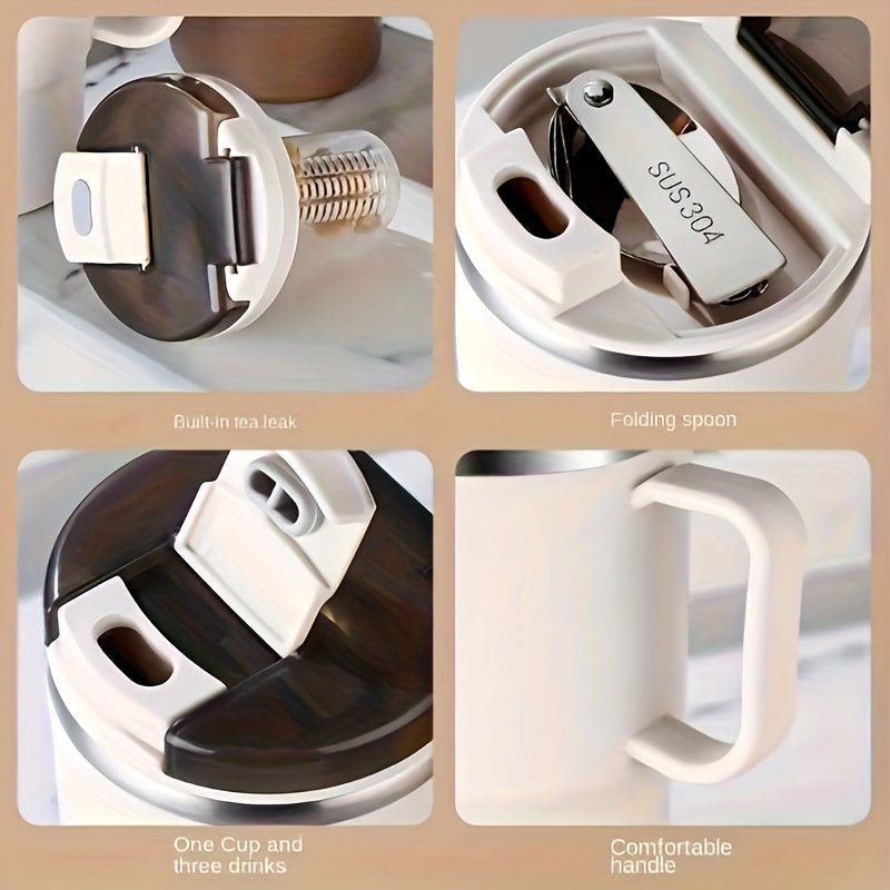 This Stainless Steel Insulated Coffee Mug holds 19.3 oz and comes with a lid and spoon. It is a reusable, versatile thermal cup perfect for use in the office, while traveling, or during sports activities. The mug also includes a tea infuser. Please hand