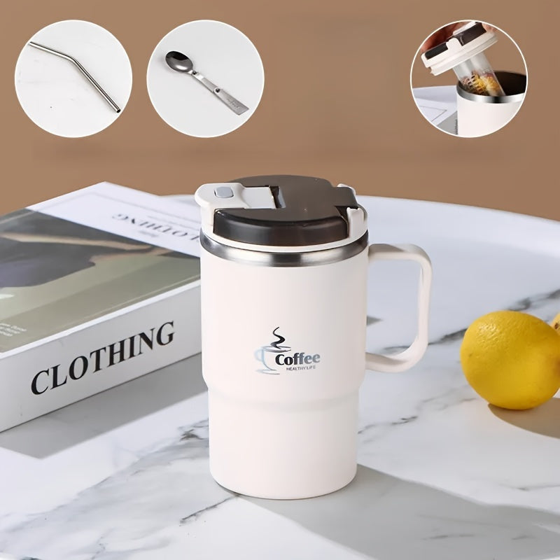 This Stainless Steel Insulated Coffee Mug holds 19.3 oz and comes with a lid and spoon. It is a reusable, versatile thermal cup perfect for use in the office, while traveling, or during sports activities. The mug also includes a tea infuser. Please hand