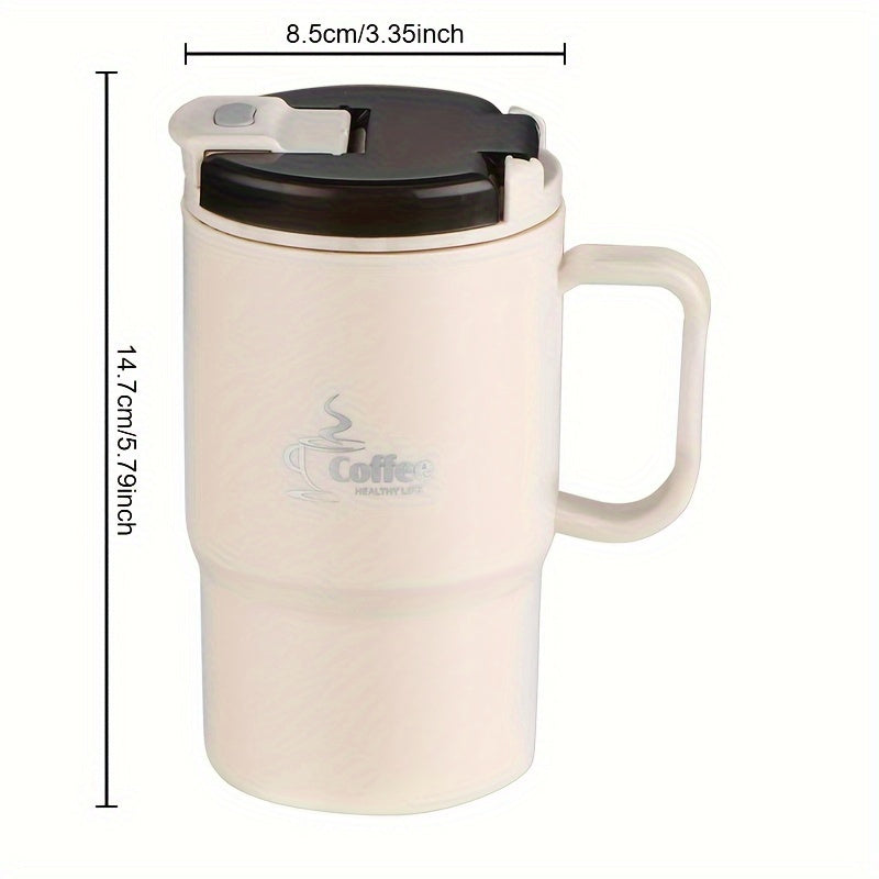 This Stainless Steel Insulated Coffee Mug holds 19.3 oz and comes with a lid and spoon. It is a reusable, versatile thermal cup perfect for use in the office, while traveling, or during sports activities. The mug also includes a tea infuser. Please hand