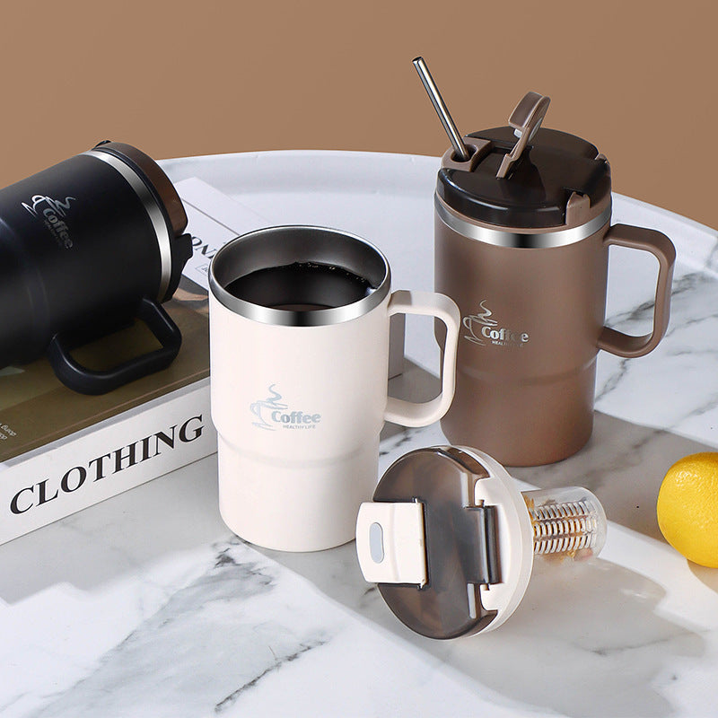 This Stainless Steel Insulated Coffee Mug holds 19.3 oz and comes with a lid and spoon. It is a reusable, versatile thermal cup perfect for use in the office, while traveling, or during sports activities. The mug also includes a tea infuser. Please hand