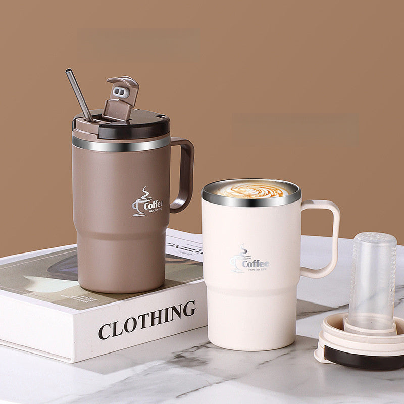 This Stainless Steel Insulated Coffee Mug holds 19.3 oz and comes with a lid and spoon. It is a reusable, versatile thermal cup perfect for use in the office, while traveling, or during sports activities. The mug also includes a tea infuser. Please hand