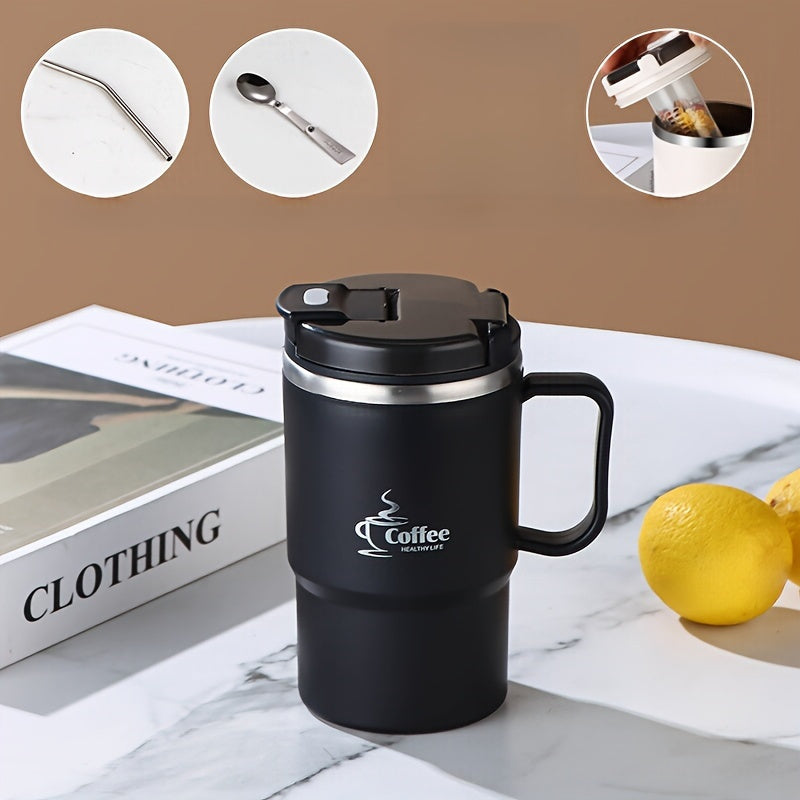 This Stainless Steel Insulated Coffee Mug holds 19.3 oz and comes with a lid and spoon. It is a reusable, versatile thermal cup perfect for use in the office, while traveling, or during sports activities. The mug also includes a tea infuser. Please hand