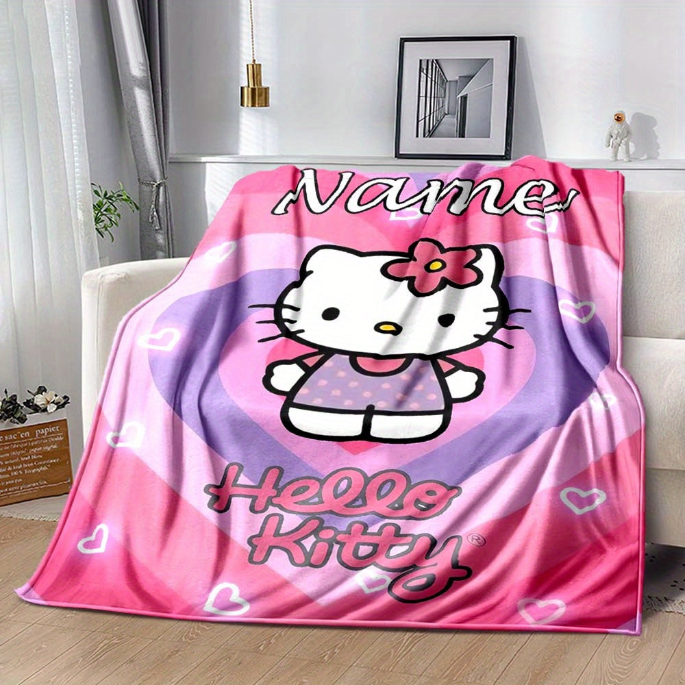 Soft and cozy all-season Hello Kitty Pink Flannel Blanket customized with your name - perfect for sofa, bed, office or camping. Makes an ideal holiday gift for any Sanrio fan.