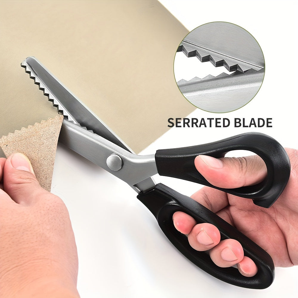 Stainless steel pinking shears with serrated edge for fabric and craft. Comfort grip handle for right & left-hand use, age 14+.