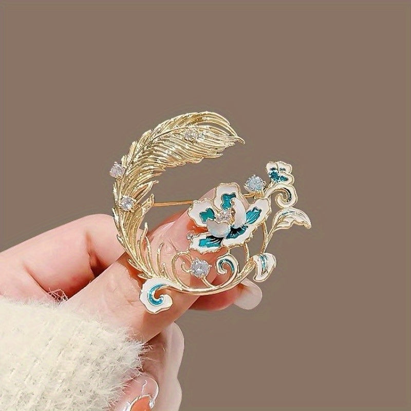 Stylish Chinese Peony & Feather Brooch Pin, Exquisite Alloy & Rhinestone Flower Lapel Pin for Women, One-of-a-Kind Statement Piece for Jackets and Sweaters